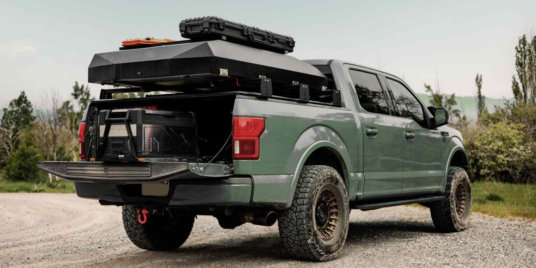 A 4x4 overland vehicle with BougeRV’s heavy-duty Rocky Series fridge in its trunk