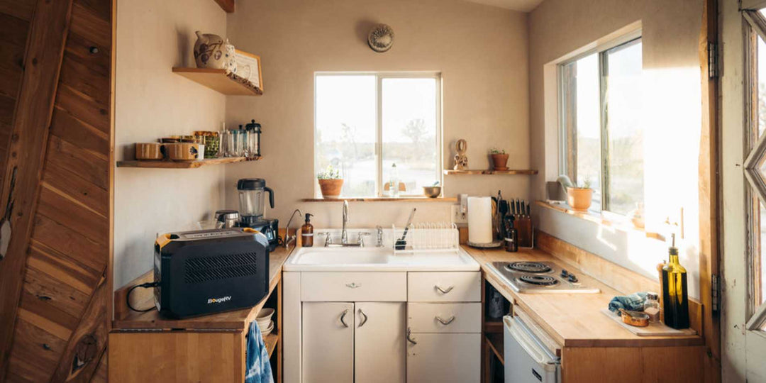 A BougeRV’s portable power station for the fridge in the kitchen