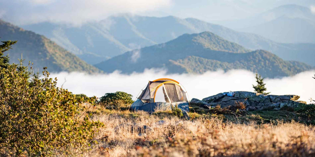 A tent on a primitive campsite with many mountains