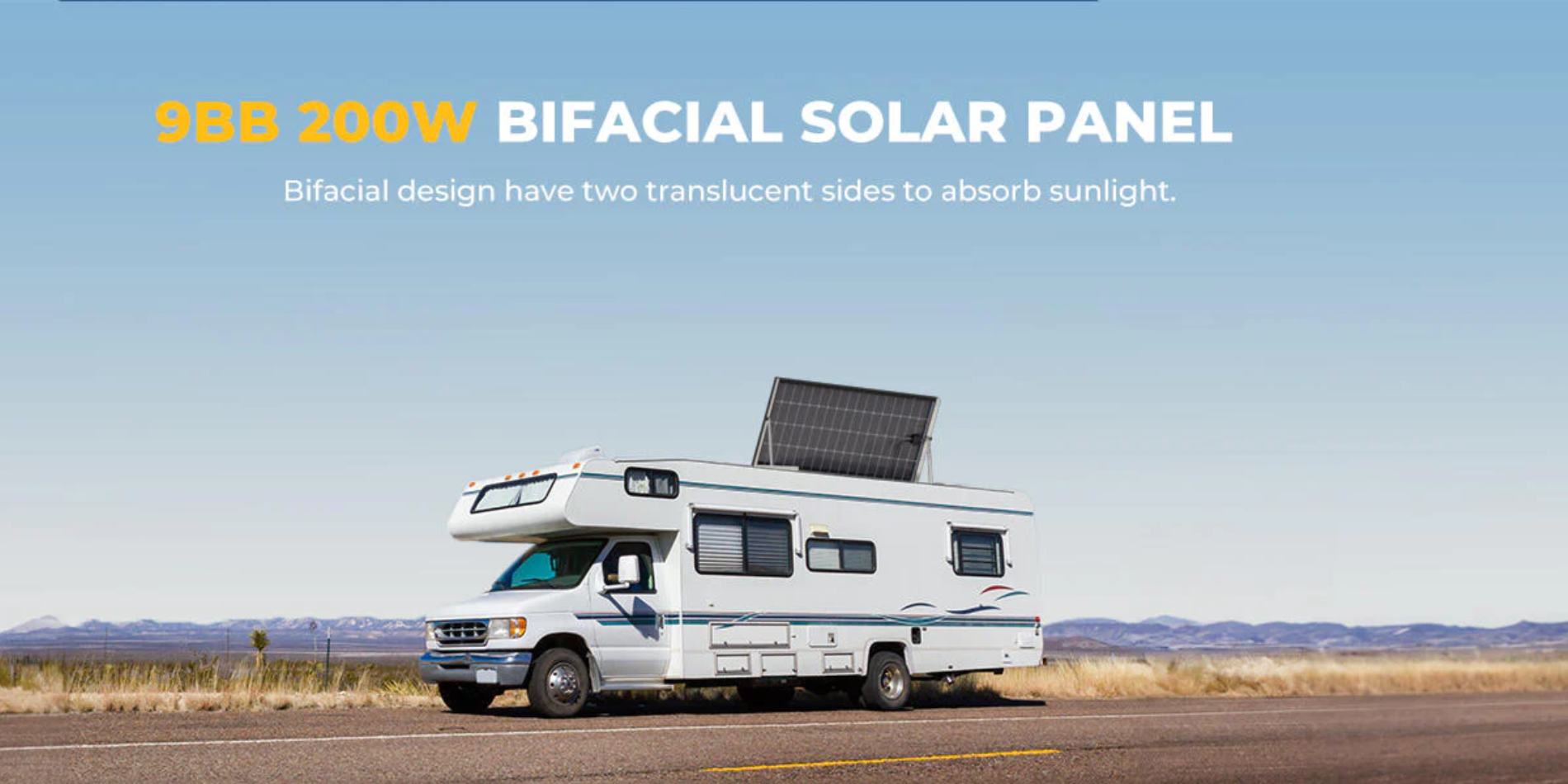 BougeRV’s bifacial solar panel on the white RV roof