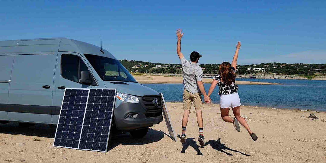 amping with BougeRV’s rigid solar panels near a river
