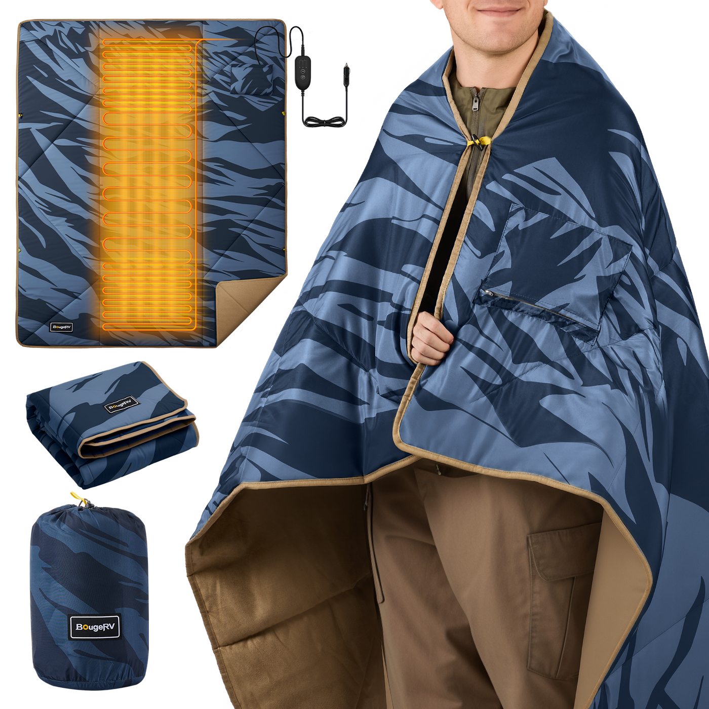 BougeRV 12V Outdoor Heated Blanket-5 Heat Settings, APP Remote Control(Blue)