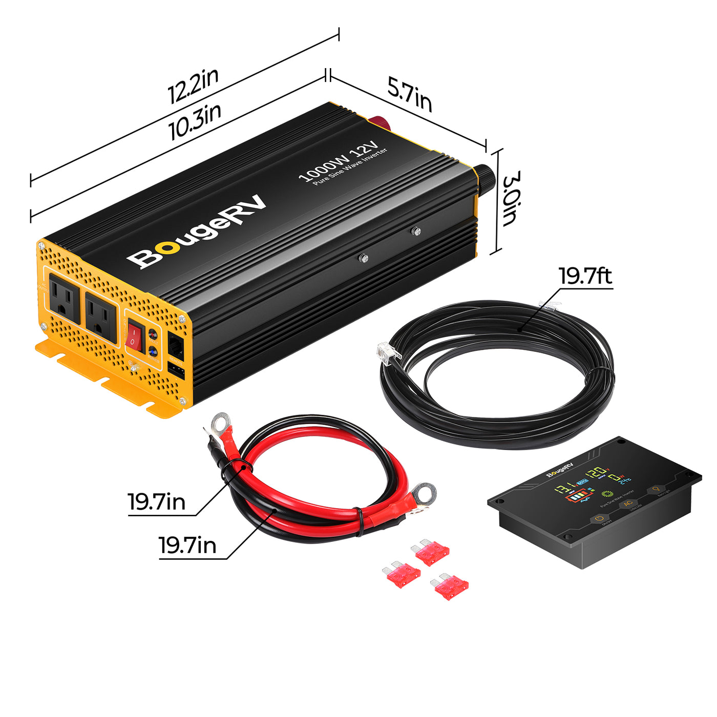 Onduleur à onde sinusoïdale pure BougeRV 1000 W 12 V avec Bluetooth