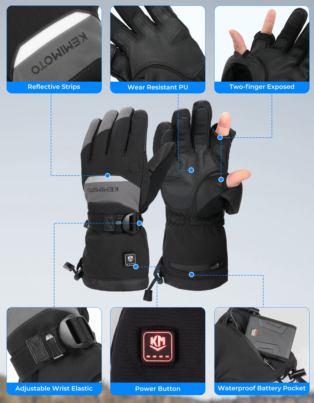 Heated Gloves with Magnetic Flap for Fishing, Cycling, Hiking, Hunting