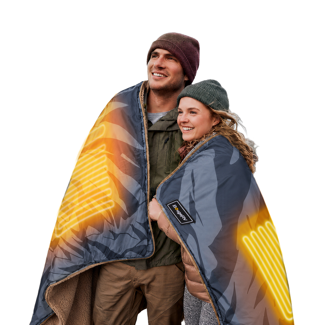 Two people wrapped together in a 12V heated blanket