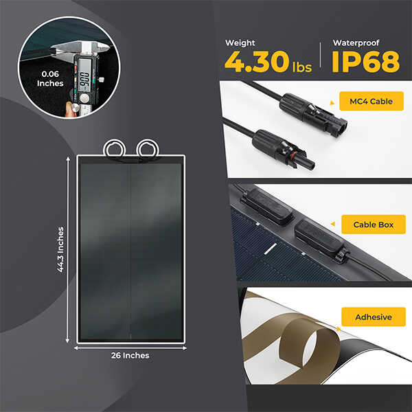 BougeRV Yuma 200W(100W*2pcs) CIGS Square Flexible Solar Panel with Tape + Free Connector