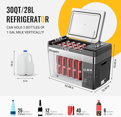BougeRV 12V 30 Quart (28L) Portable Fridge Black Kit