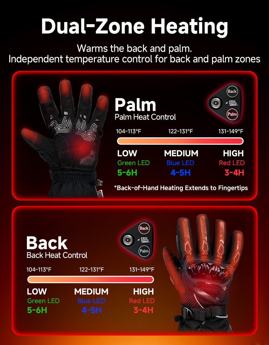 Gants de moto chauffants avec batterie rechargeable 7,4 V 2500 mAh